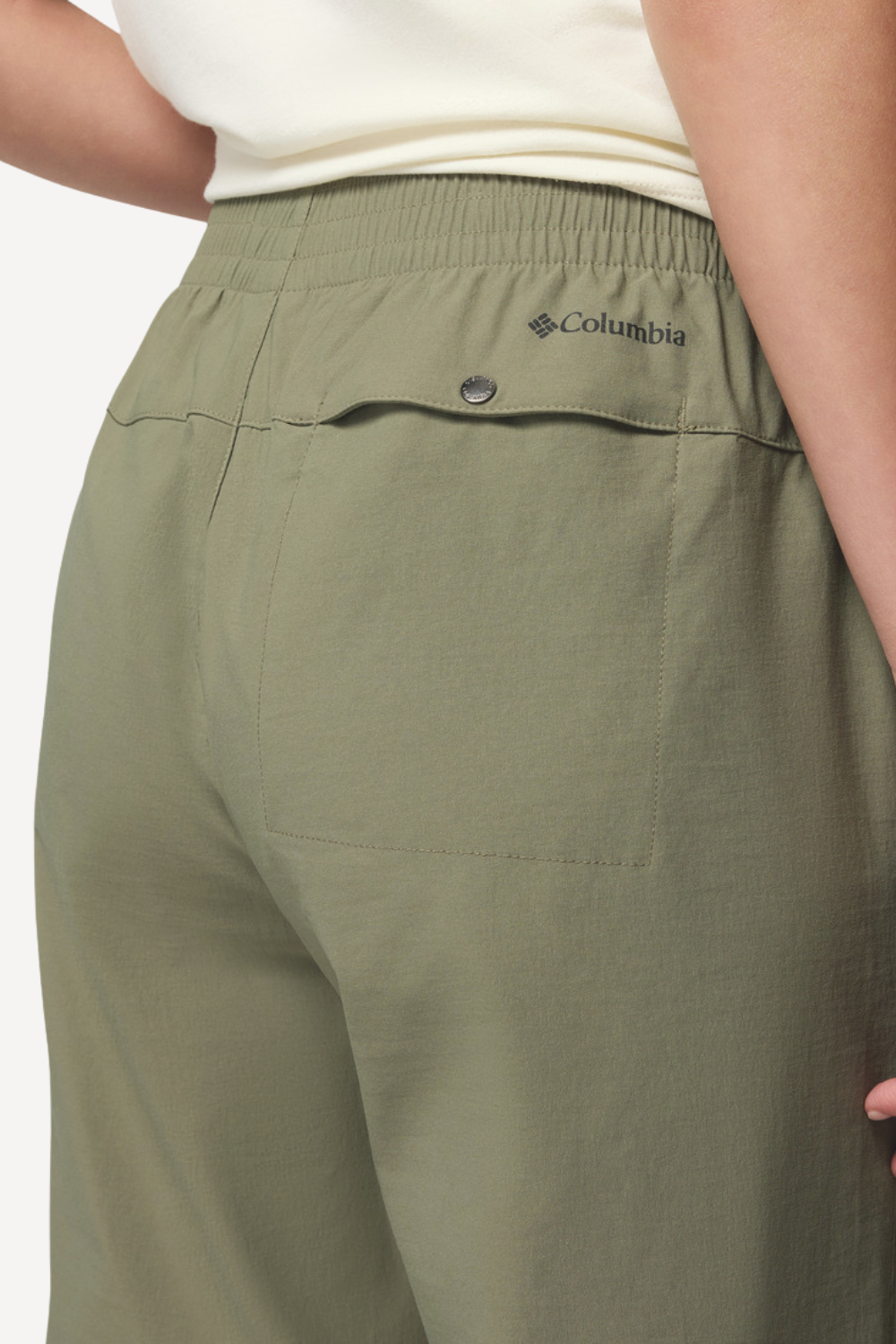 Pantalon anti-UV vert olive, UPF50+, pour femme, confortable avec taille extensible, idéal pour une utilisation quotidienne.