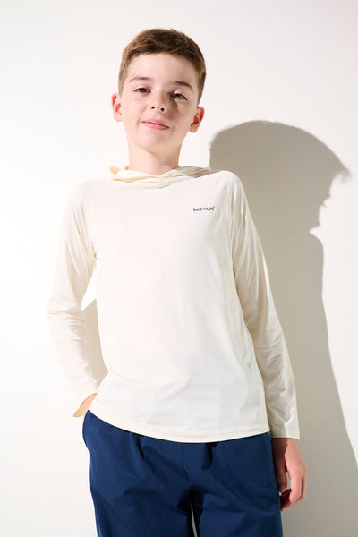 T-shirt anti-UV à capuche - Oasis, crème, manches longues pour enfants, UPF 50+ pour une protection solaire efficace.