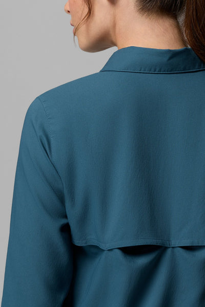 Chemise anti-UV - Silver Ridge Utility II, bleu pour femme, col protecteur et tissu léger pour protection solaire.