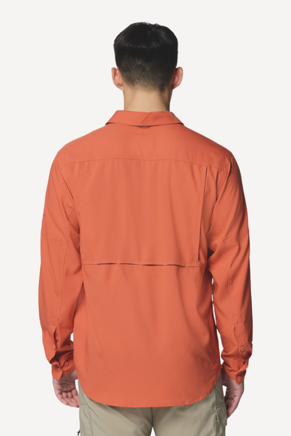 Chemise anti-UV Columbia pour homme, couleur orange, UPF50+, légère et respirante, idéale pour activités au soleil.