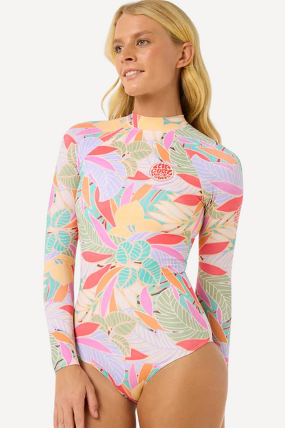 Maillot de bain anti-UV à manches longues pour femme, motif floral et UPF 50+, parfait pour la plage.