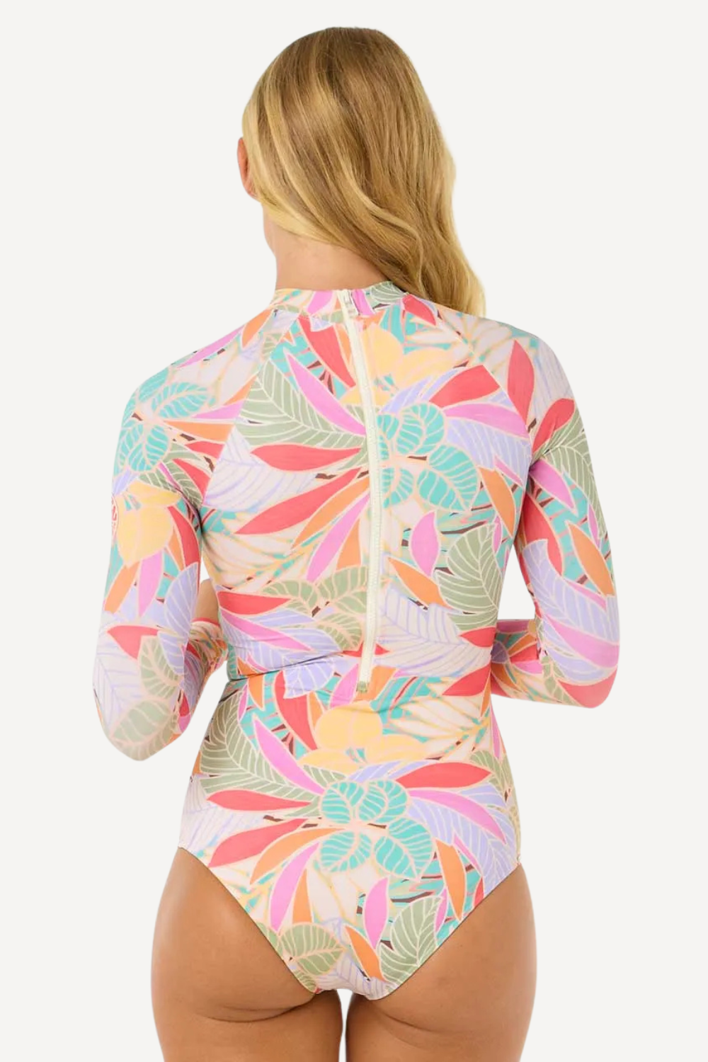 Maillot de bain anti-UV à manches longues pour femme, motifs colorés, UPF50+, idéal pour la plage.