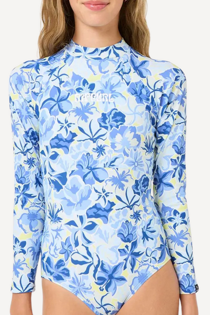 Maillot de bain anti-UV pour fille, imprimé floral bleu, UPF 50+, parfait pour les sports aquatiques.