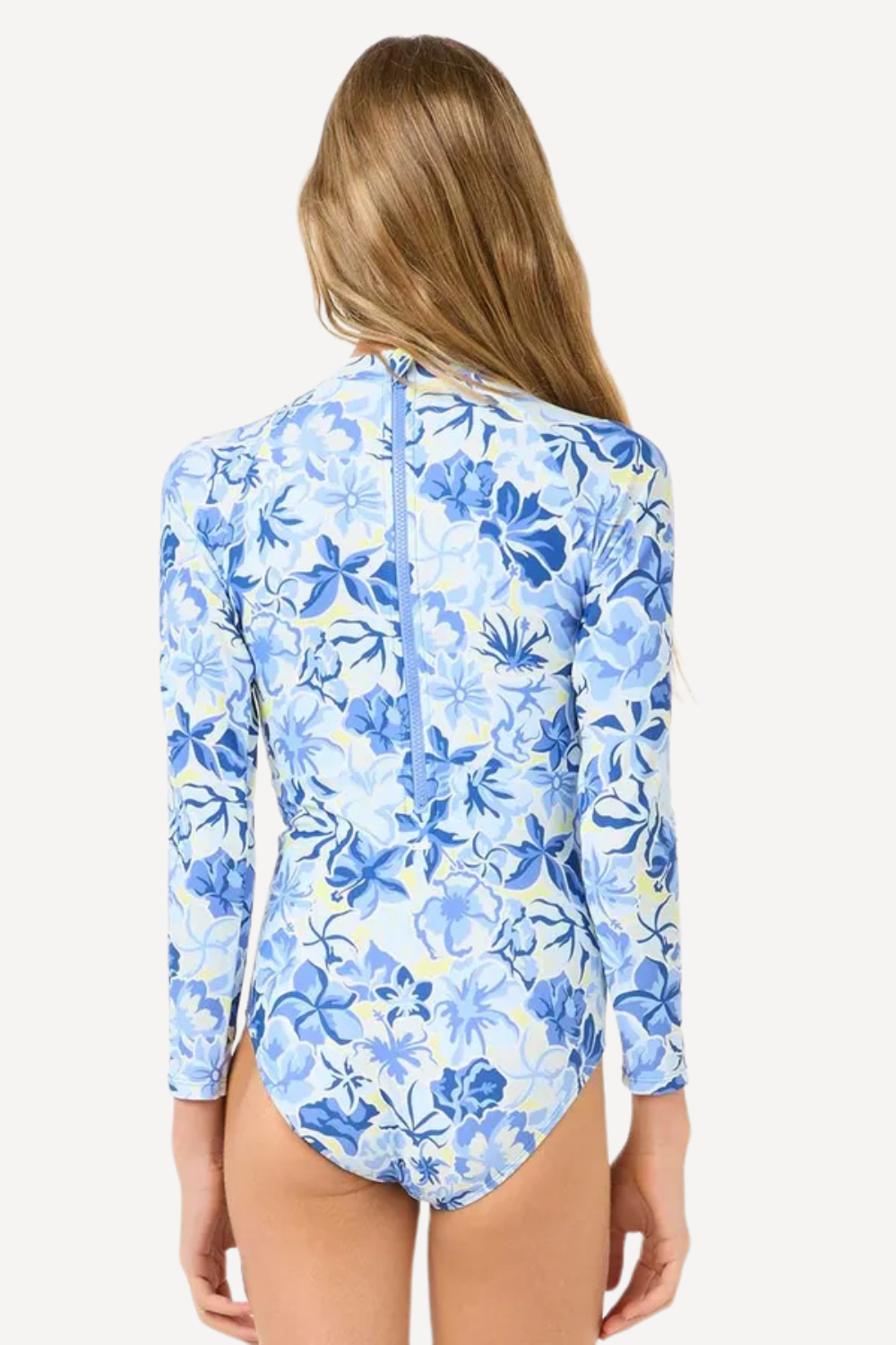 Maillot de bain anti-UV pour femme, imprimé floral bleu, UPF 50+, idéal pour les journées à la plage.