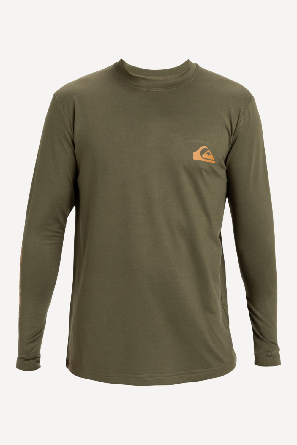 T-shirt de bain anti-UV vert olive pour homme, manches longues, UPF50+, idéal pour la plage et les sports aquatiques.