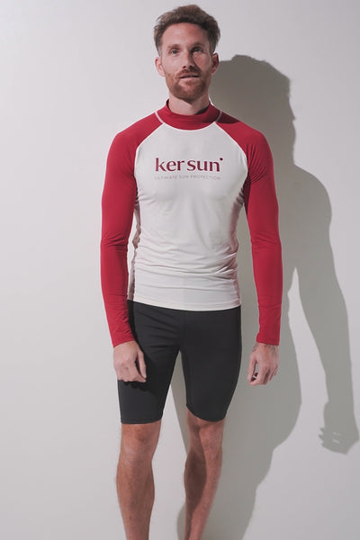 T-shirt de bain anti-UV - Malibu pour homme, manches longues, protection solaire UPF 50+, rouge et blanc, mode aquatique.